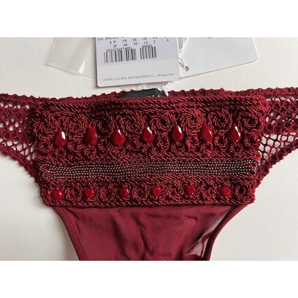 La Perla CALYPSO EMBELLISHED Low Rise Burgundy Stretch Mesh THONG S NWT - Picture 1 of 7